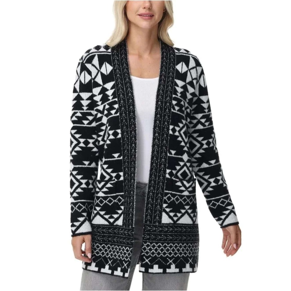 Frye Womens Geometric Tribal Open Front Cardigan Sweater Black White Small